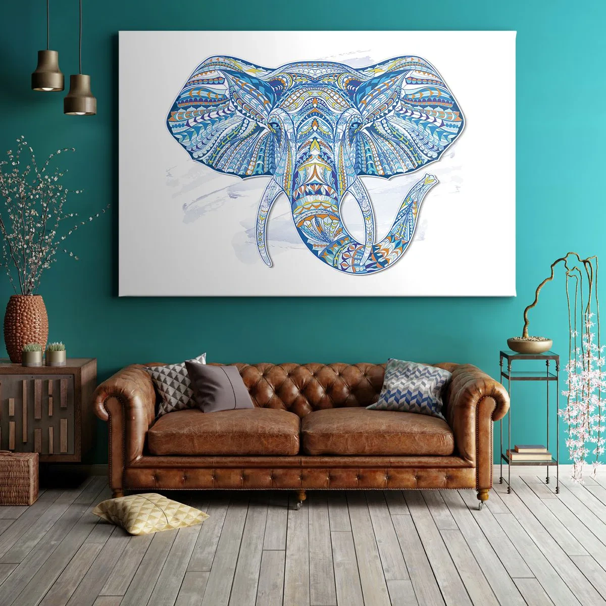 Quadro em tela - Elefante geométrico em tons de azul e dourado - 70x50cm - Incrustado com ouro e azul - Decoração de parede moderna para a sala de estar e quarto ARTTOR