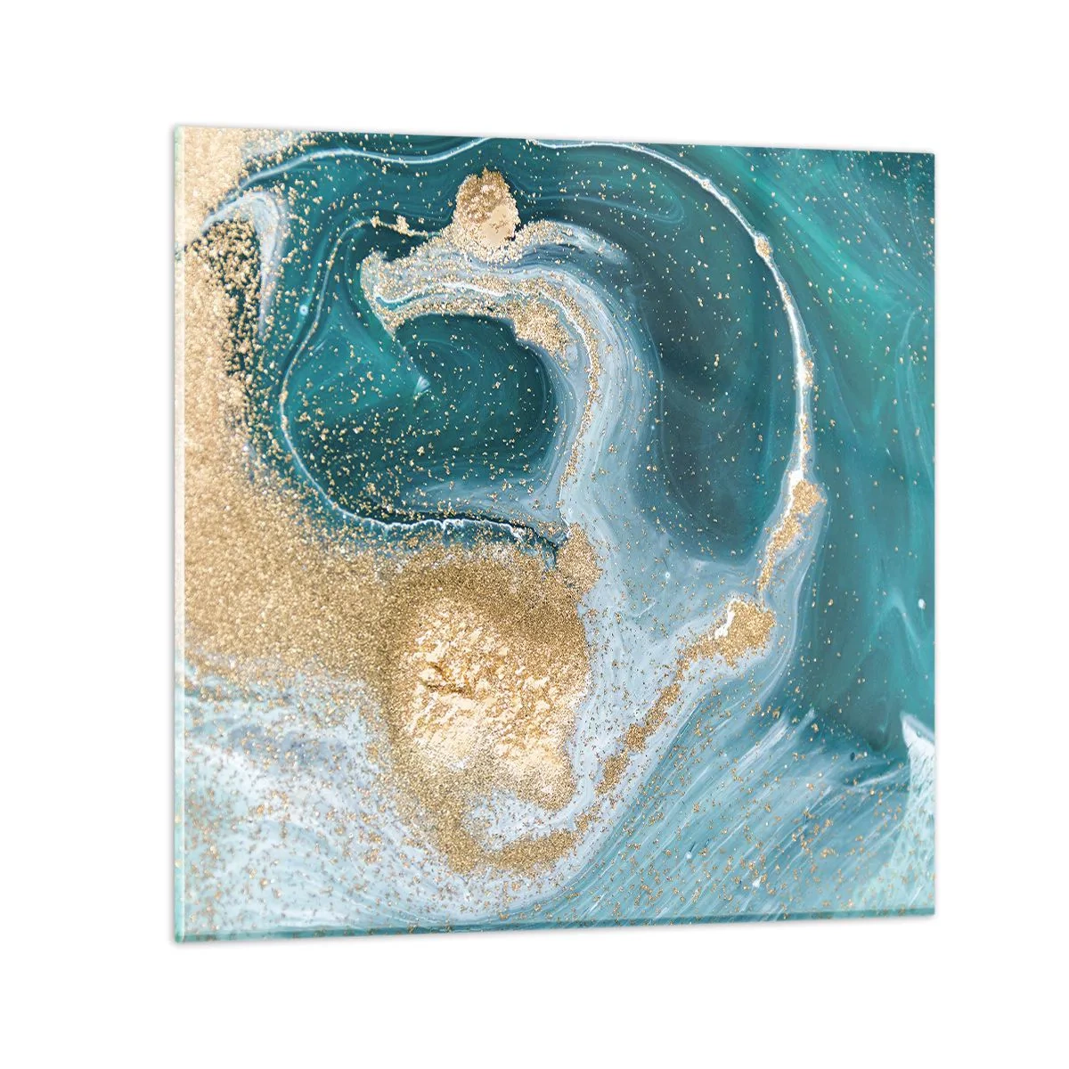 Quadro em vidro - Um vórtice de ouro e turquesa - 30x30 cm