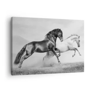 Quadro em tela - Dois cavalos galopando em uma composição dinâmica em preto e branco - 70x50cm - Anjos e demônios - Decoração de parede moderna para a sala de estar e quarto ARTTOR
