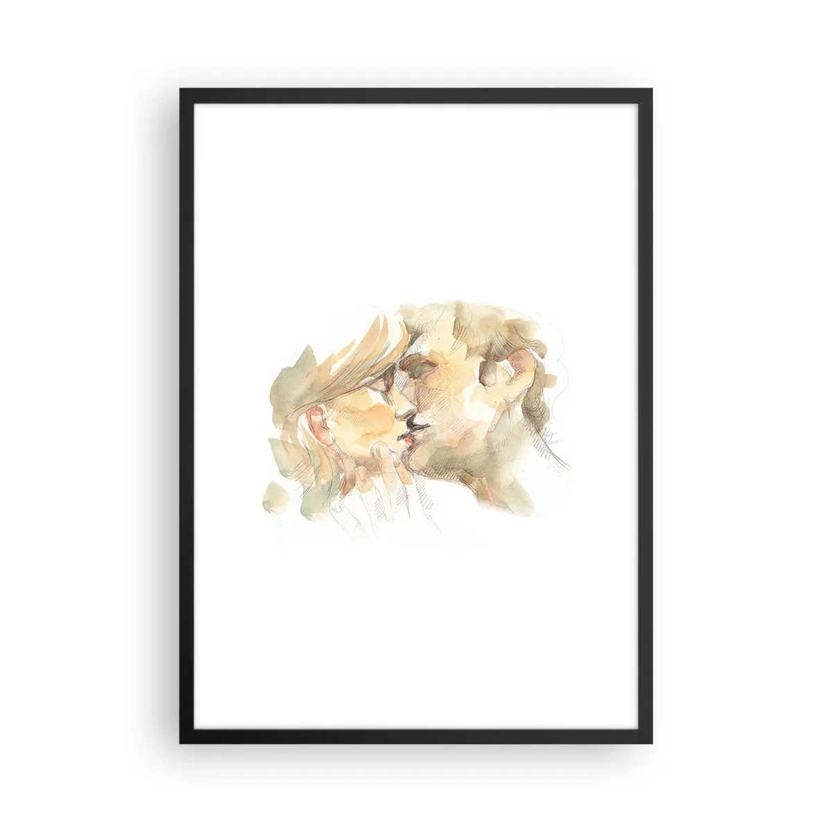 Pôster com moldura preta - Um delicado retrato em aquarela de um casal em um beijo carinhoso. - 50x70cm - A outra metade foi encontrada? - Decoração de parede moderna para a sala de estar e quarto ARTTOR