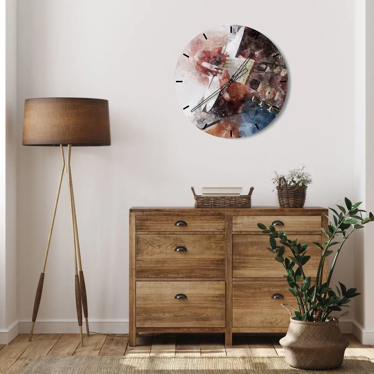 Relógio de parede - Relógio em vidro - Motivo artístico de guitarra em aquarela - 30x30cm - E o que acha? - Decoração de parede moderna para a sala de estar, cozinha e quarto ARTTOR
