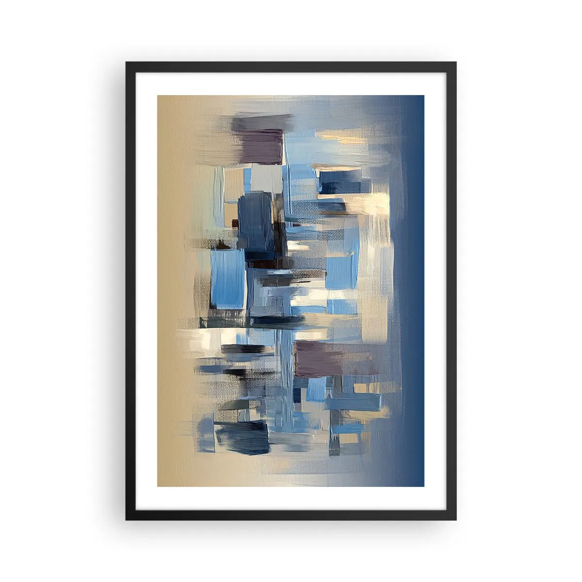 Pôster com moldura preta - Composição geométrica abstrata em tons de azul - 50x70cm - Construção azul - Decoração de parede moderna para a sala de estar e quarto ARTTOR