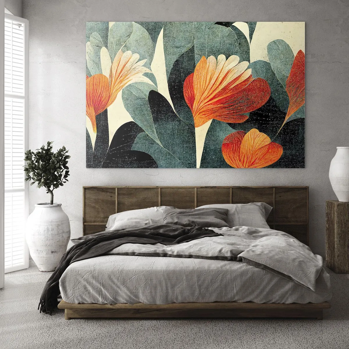 Quadro em vidro - Flores de laranjeira sobre um fundo de folhas verde-escuras - 70x50cm - O calor dos trópicos e o frescor da vegetação - Decoração de parede moderna para a sala de estar e quarto ARTTOR