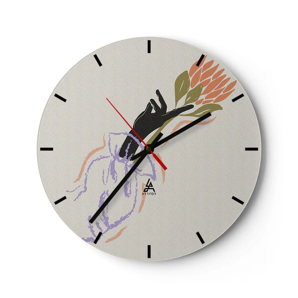 Relógio de parede - Relógio em vidro - Uma mão estilizada segurando uma flor em cores pastel. - 30x30cm - Toque fraterno - Decoração de parede moderna para a sala de estar, cozinha e quarto ARTTOR