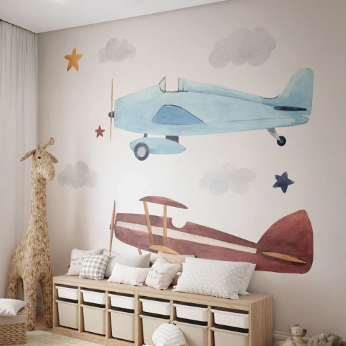 Papel de Parede Premium Sand - Sr. Piloto, estamos a aguardar! - Aviões, Retrô, Infantil - 150x105 cm