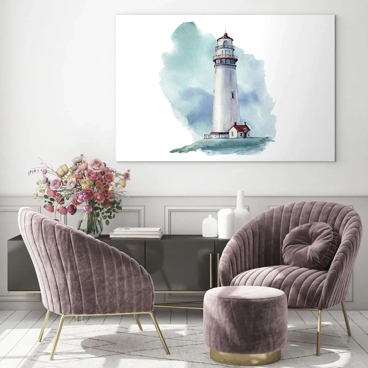Quadro em vidro - Um farol contra um céu azul aquarela - 70x50cm - A gentil irmã do azul - Decoração de parede moderna para a sala de estar e quarto ARTTOR