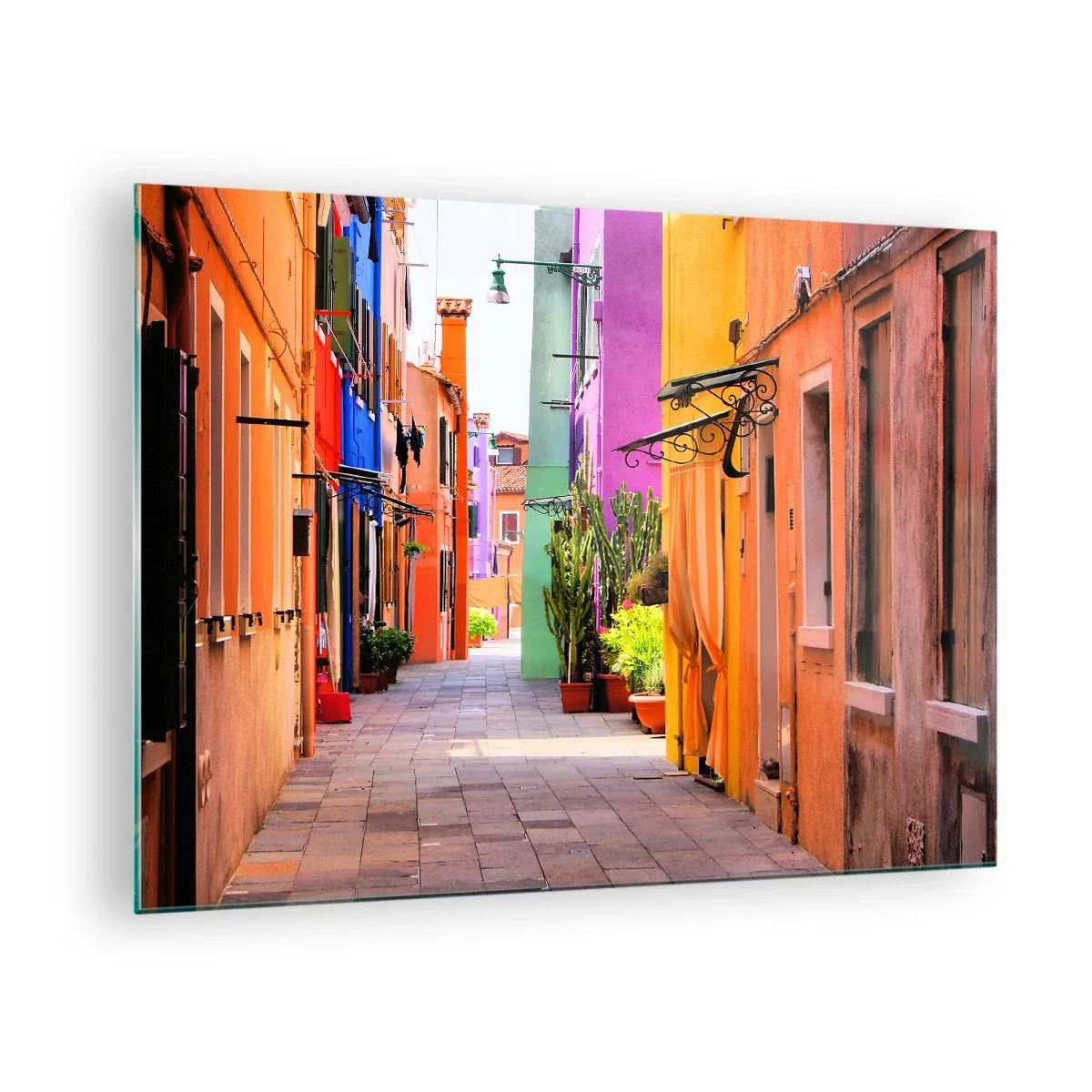 Quadro em vidro - Uma rua colorida com casas de cortiços em tons quentes - 70x50cm - Beco arco-íris - Decoração de parede moderna para a sala de estar e quarto ARTTOR