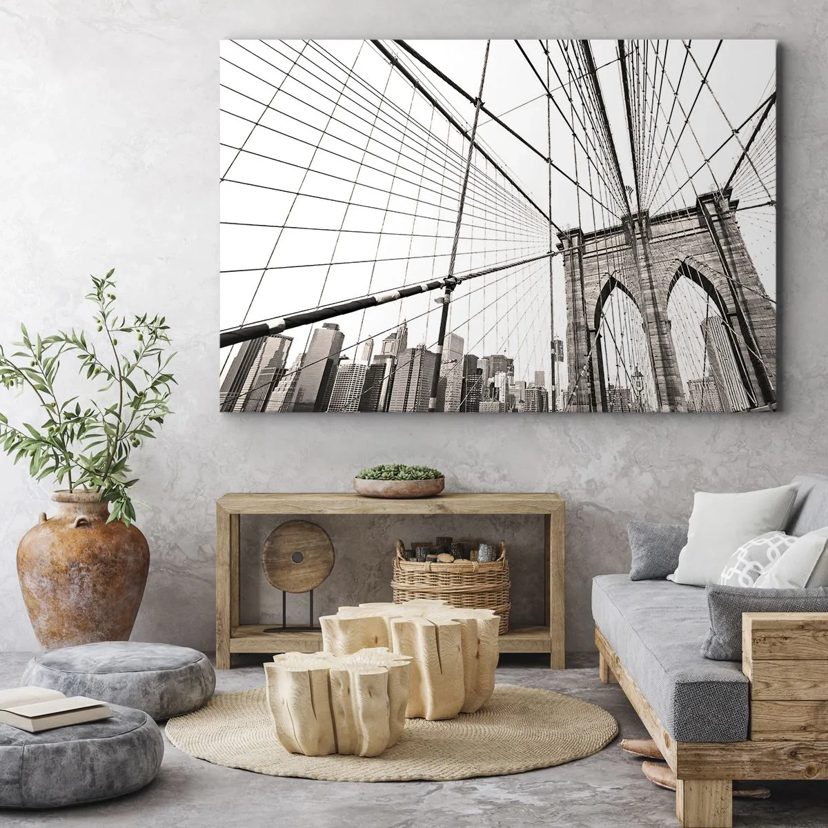 Quadro em tela - A Ponte do Brooklyn em monocromático - 70x50cm - Catedral de Nova York - Decoração de parede moderna para a sala de estar e quarto ARTTOR