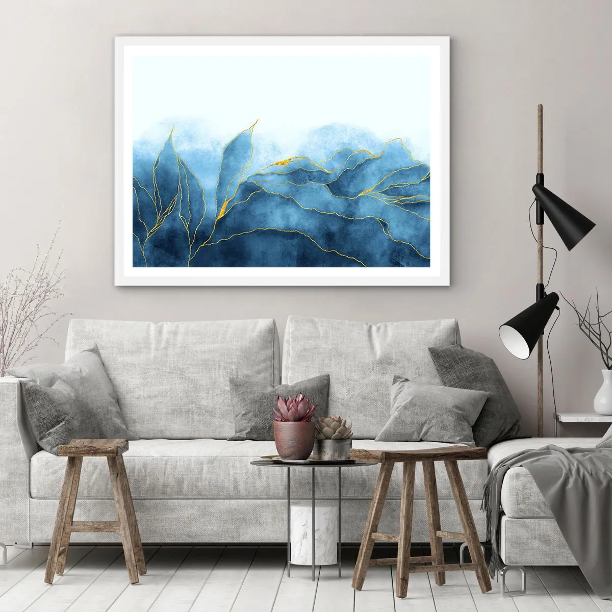 Pôster em moldura branca - Azul dourado - 50x40 cm