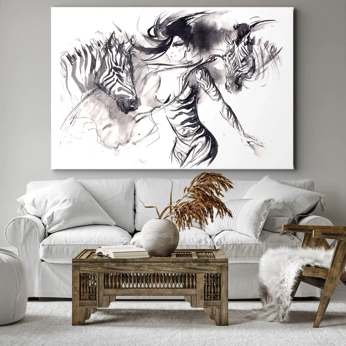 Quadro em tela - Uma mulher em uma dança dinâmica com zebras em uma estética em preto e branco - 70x50cm - Dançando com as zebras - Decoração de parede moderna para a sala de estar e quarto ARTTOR