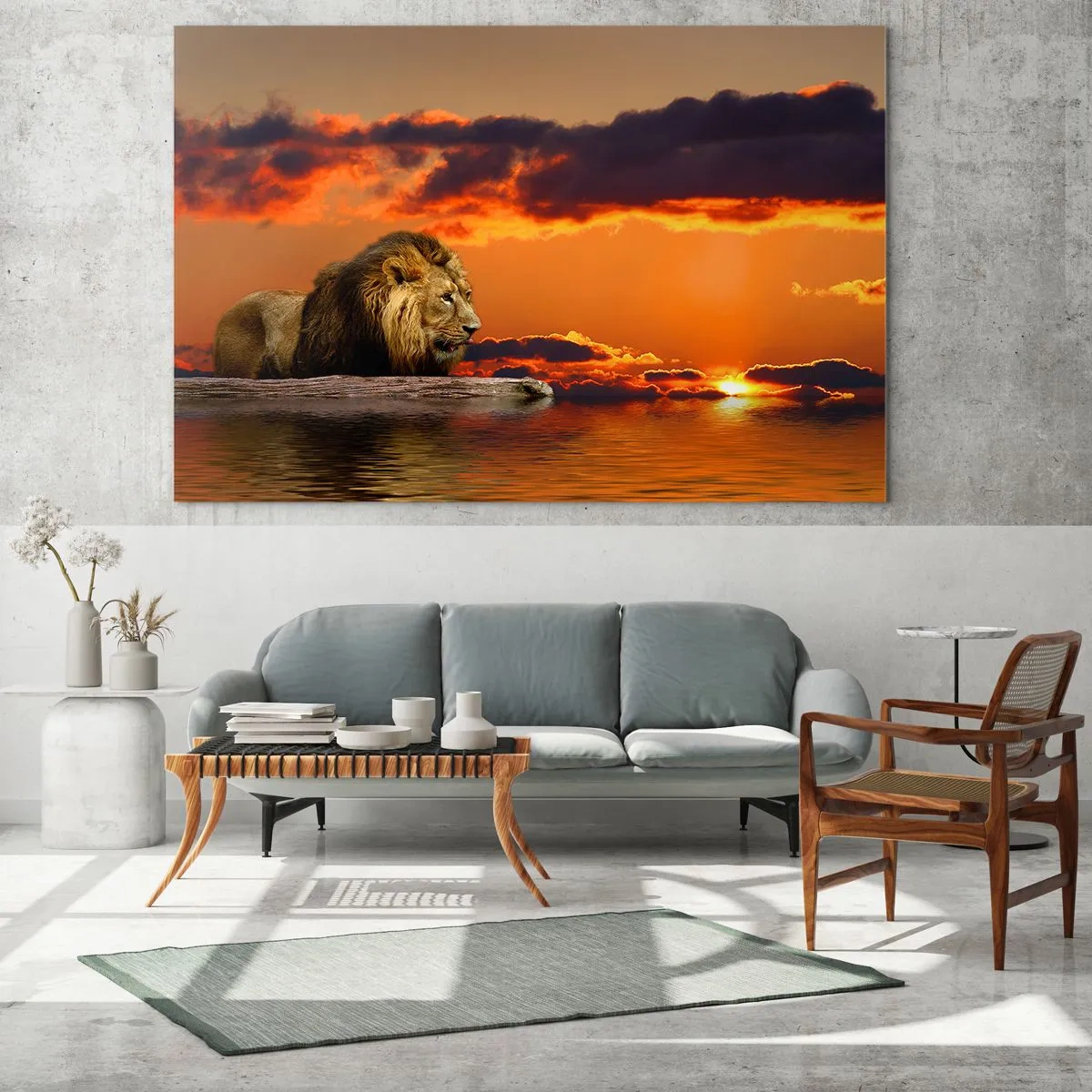 Quadro em vidro - Um leão tendo como pano de fundo o pôr do sol - 70x50cm - Rei da natureza - Decoração de parede moderna para a sala de estar e quarto ARTTOR