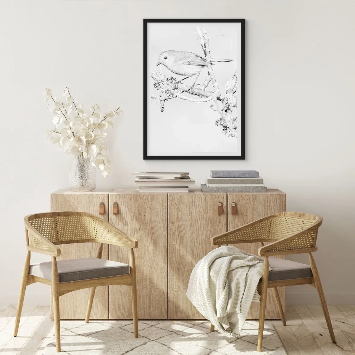 Pôster com moldura preta - Desenho em preto e branco de um pássaro em um galho - 50x70cm - Manhã de inverno - Decoração de parede moderna para a sala de estar e quarto ARTTOR