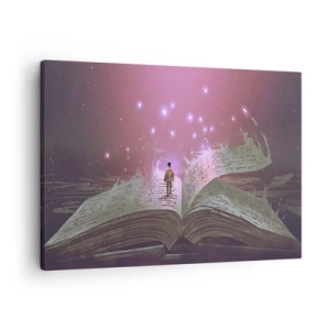 Quadro em tela - Uma figura pisa em um livro aberto em uma luz mágica. - 70x50cm - Um convite para outro mundo - leia! - Decoração de parede moderna para a sala de estar e quarto ARTTOR