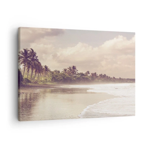 Quadro em tela - Uma praia com palmeiras e ondas suaves pela manhã - 70x50cm - Carícia das ondas - Decoração de parede moderna para a sala de estar e quarto ARTTOR