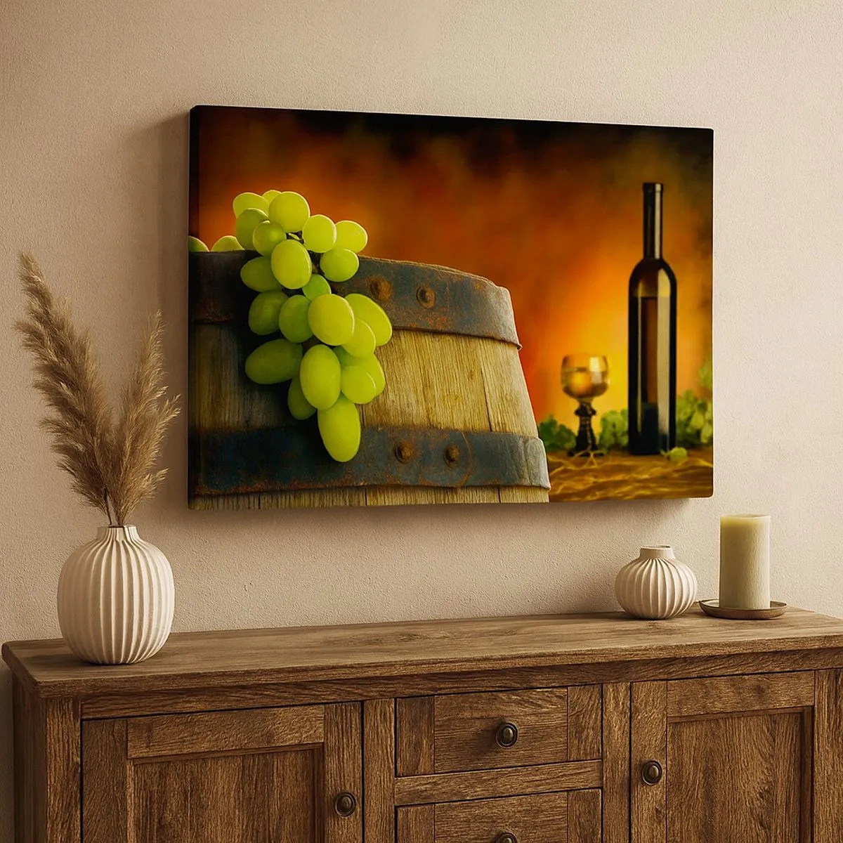 Quadro em tela - Uvas em um barril de vinho com um esquema de cores quentes ao fundo - 70x50cm - Natureza morta com uma garrafa de vinho e um cacho de uvas - Decoração de parede moderna para a sala de estar e quarto ARTTOR