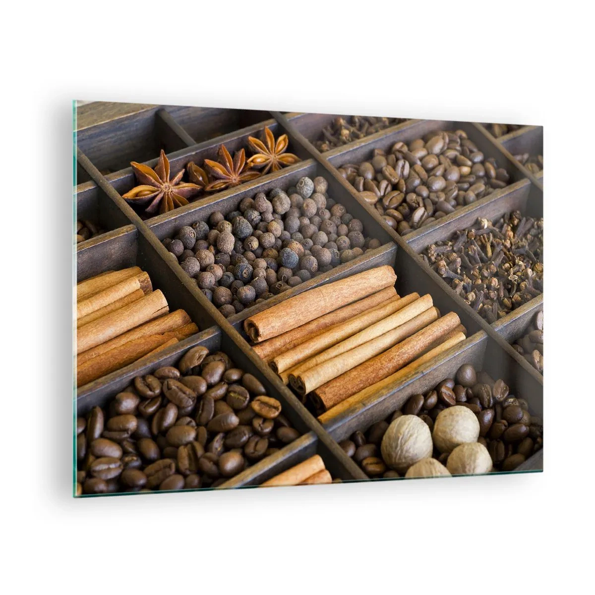 Quadro em vidro - Especiarias em compartimentos de madeira - 70x50cm - Um tesouro de aromas - Decoração de parede moderna para a sala de estar e quarto ARTTOR