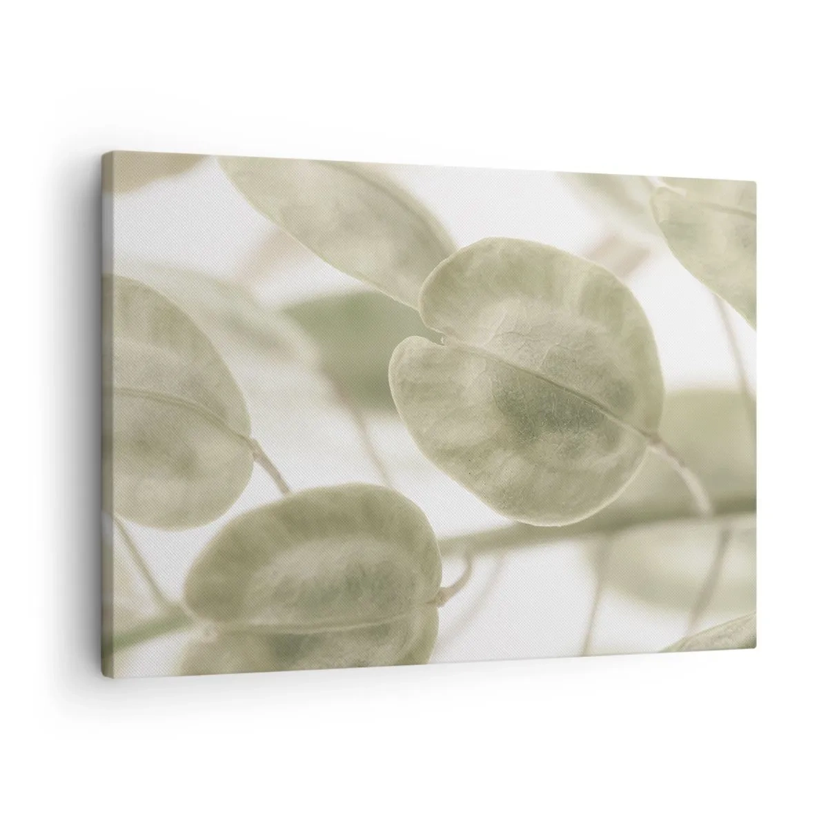 Quadro em tela - Uma pintura delicada de folhas em tons pastéis de verde sobre um fundo claro. - 70x50cm - No começo eram folhas... - Decoração de parede moderna para a sala de estar e quarto ARTTOR