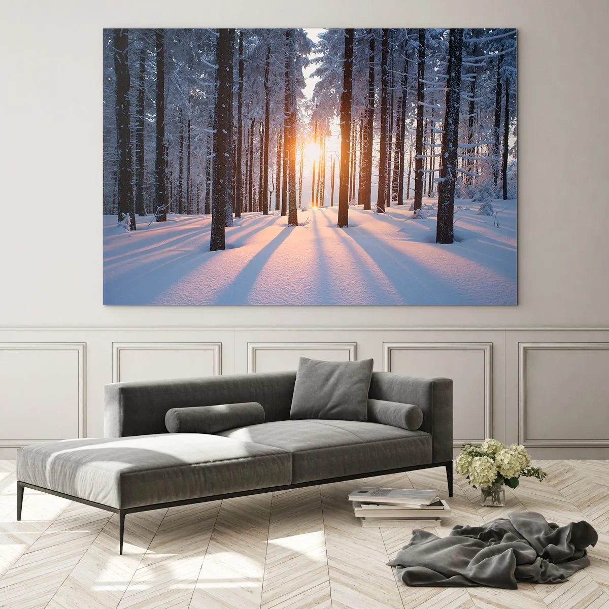 Quadro em vidro - Floresta de inverno com raios de sol brilhando através das árvores - 70x50cm - Preto no branco - Decoração de parede moderna para a sala de estar e quarto ARTTOR