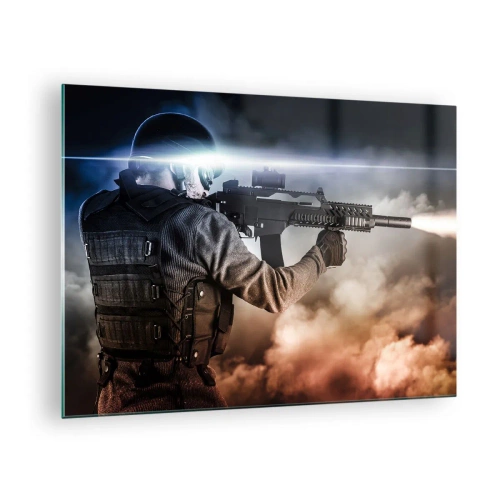 Quadro em vidro - Um soldado em ação disparando um rifle em meio a fumaça. - 70x50cm - Simplesmente um herói - Decoração de parede moderna para a sala de estar e quarto ARTTOR