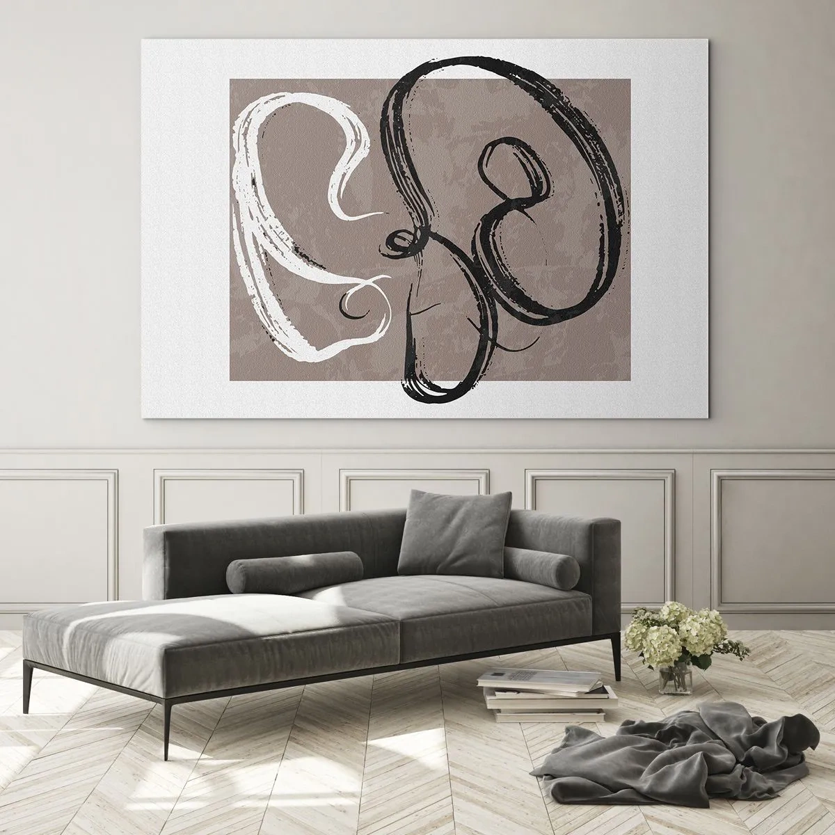 Quadro em vidro - Pinceladas dinâmicas em preto e branco sobre fundo bege. - 70x50cm - Composição – a busca pela plenitude - Decoração de parede moderna para a sala de estar e quarto ARTTOR