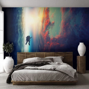 Papel de Parede Standard Eco - Um astronauta flutuando no espaço acima da Terra - 100x70cm - Enfrentando o universo - Decoração de parede moderna para a sala de estar e quarto ARTTOR