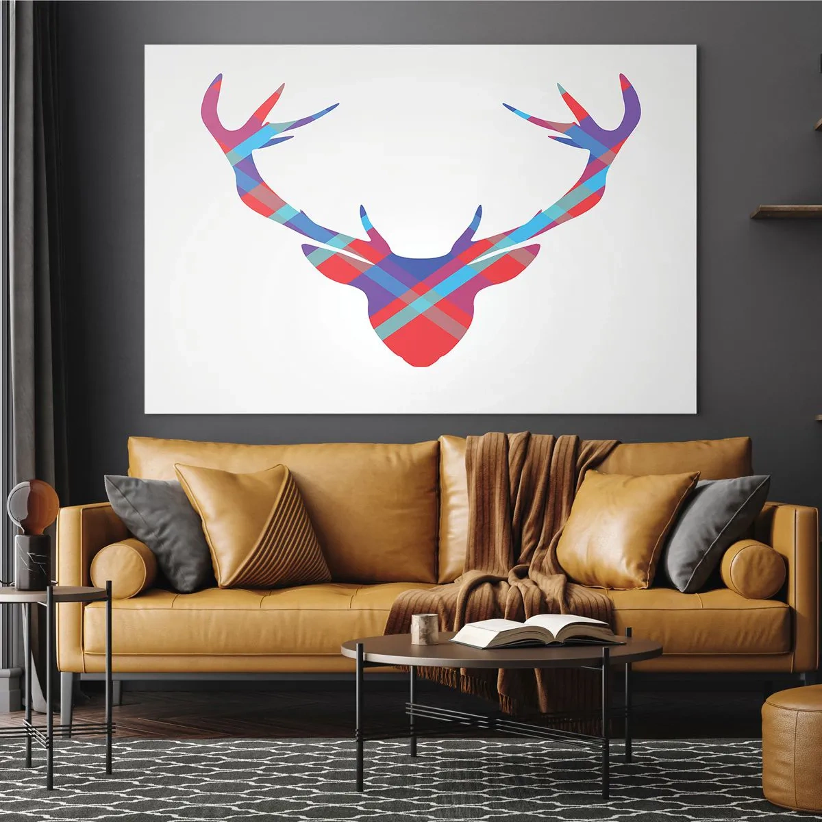 Quadro em vidro - Imagem geométrica de um cervo em cores pastel - 70x50cm - Veado escocês - Decoração de parede moderna para a sala de estar e quarto ARTTOR