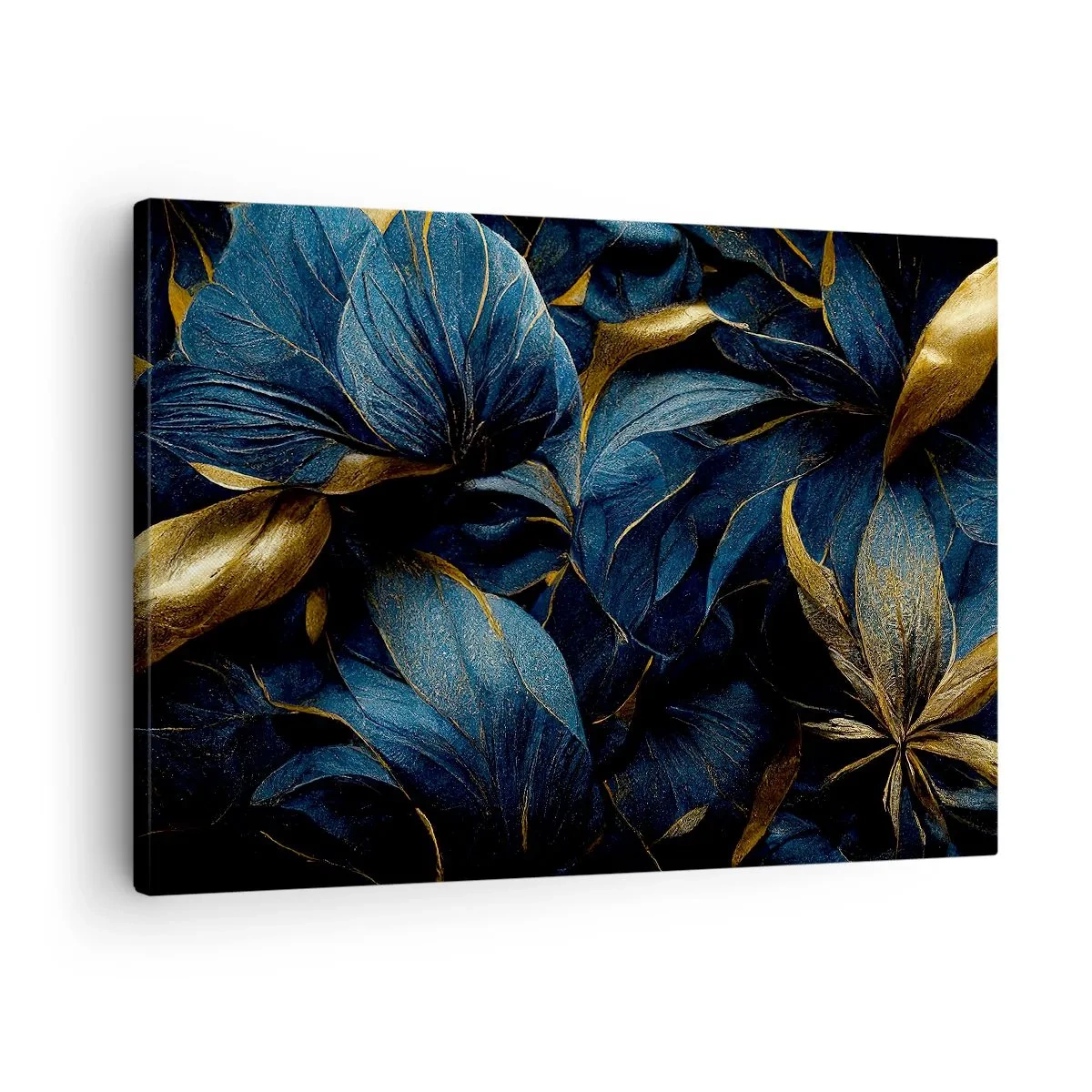 Quadro em tela - Folhas elegantes em tons de dourado e azul marinho - 70x50cm - Forrado com ouro - Decoração de parede moderna para a sala de estar e quarto ARTTOR