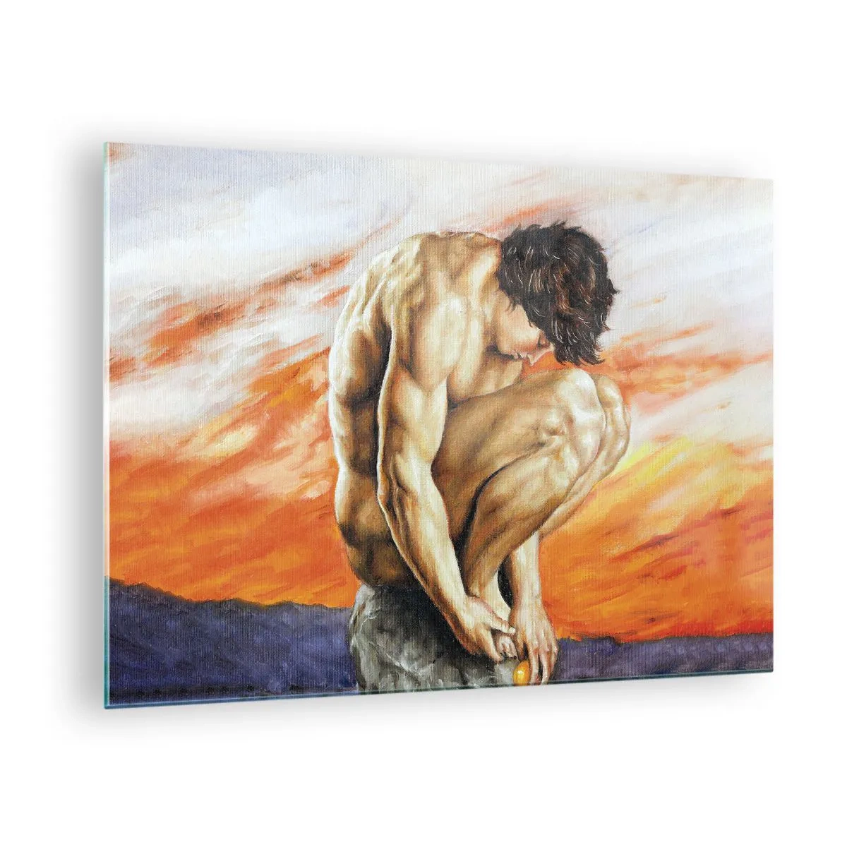 Quadro em vidro - Um corpo humano nu contra um céu laranja intenso. - 70x50cm - Imerso em si mesmo - Decoração de parede moderna para a sala de estar e quarto ARTTOR