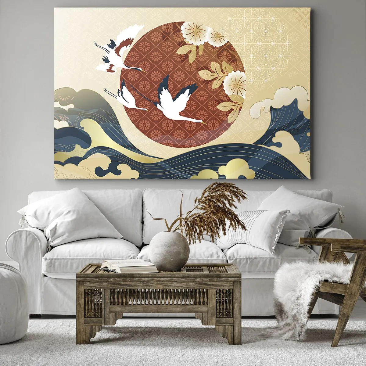 Quadro em tela - Composição japonesa com guindastes e ondas - 70x50cm - Conto de fadas japonês - Decoração de parede moderna para a sala de estar e quarto ARTTOR