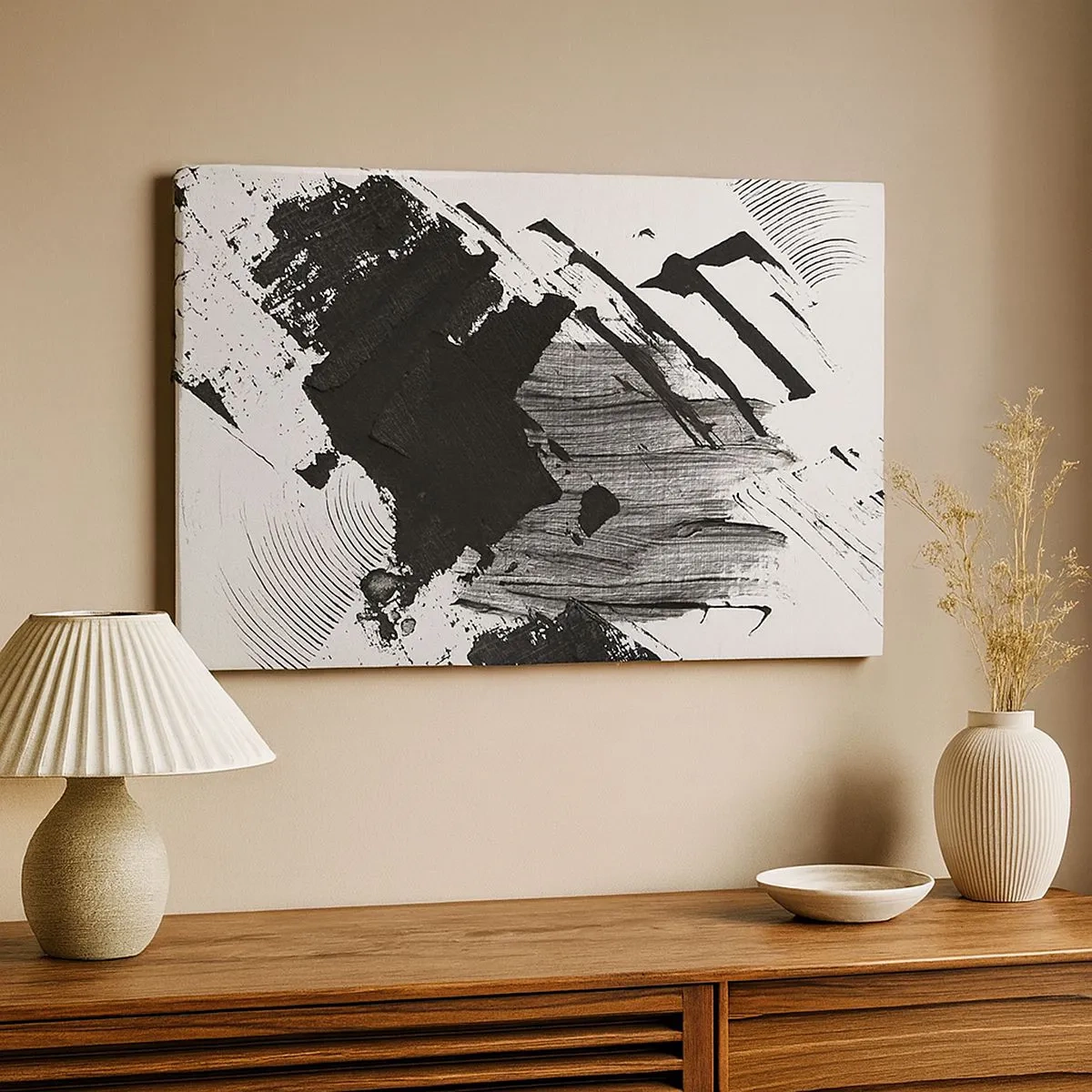 Quadro em tela - Traços abstratos de preto em um fundo branco - 70x50cm - Abstração – expressão do preto - Decoração de parede moderna para a sala de estar e quarto ARTTOR