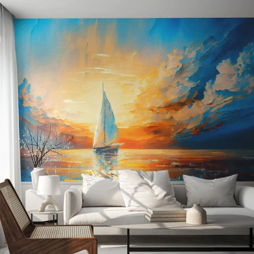 Papel de Parede Premium Canvas - Balsa em ouro - Paisagem, Náutico, Barco a vela - 250x175 cm