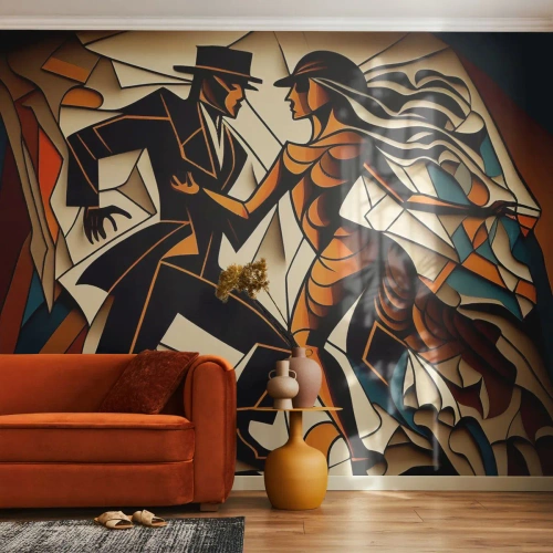 Papel de Parede Premium Canvas - Dança de paixão e paixão - Cubismo, Dança, Casal - 400x280 cm