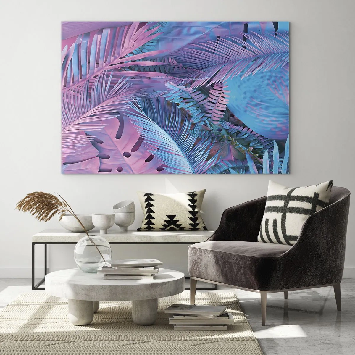 Quadro em vidro - Folhas tropicais em tons de rosa e azul sobre fundo neon - 70x50cm - Trópicos em rosa e azul - Decoração de parede moderna para a sala de estar e quarto ARTTOR