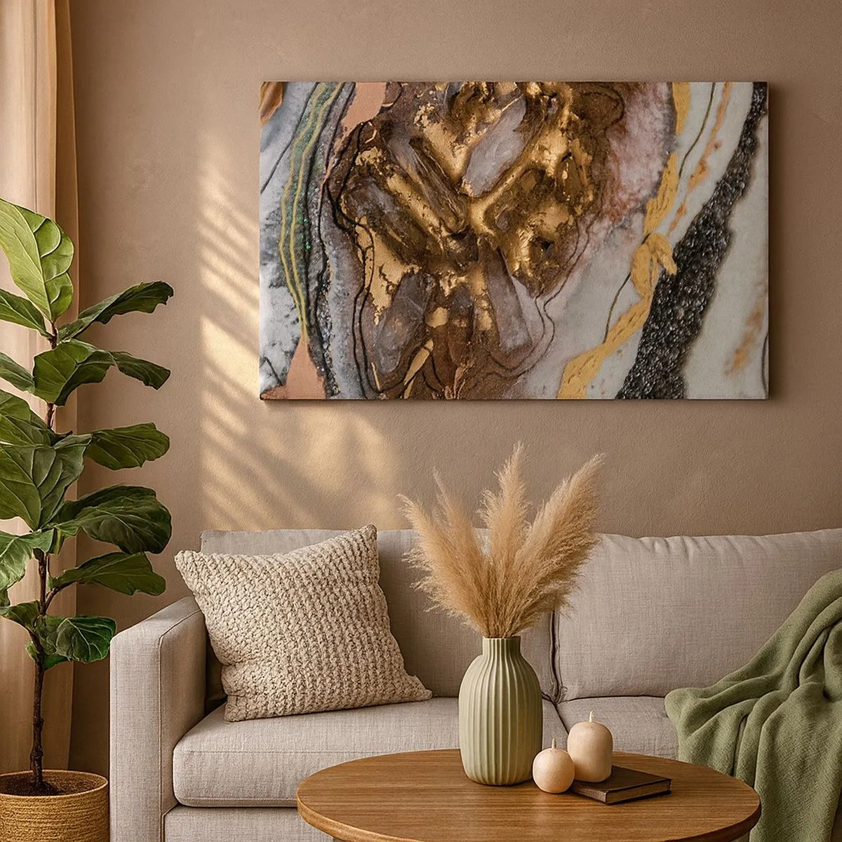 Quadro em tela - Composição abstrata com elementos de ouro e cristais - 70x50cm - O elemento terra - Decoração de parede moderna para a sala de estar e quarto ARTTOR