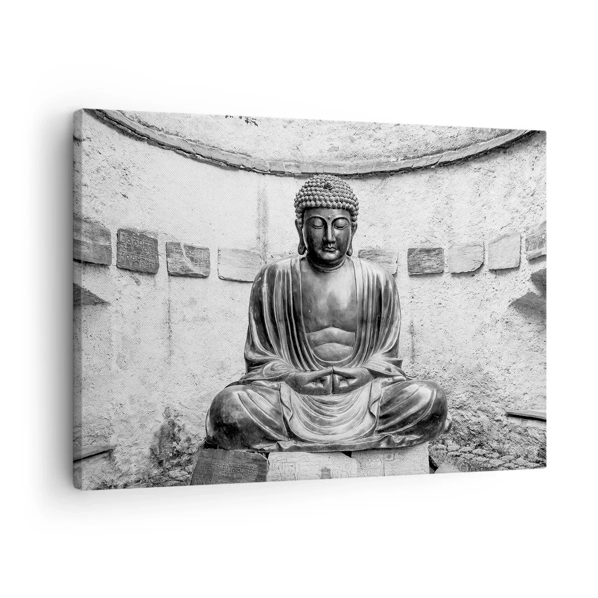 Quadro em tela - Estátua de Buda em preto e branco em pose meditativa - 70x50cm - Na fonte da paz - Decoração de parede moderna para a sala de estar e quarto ARTTOR