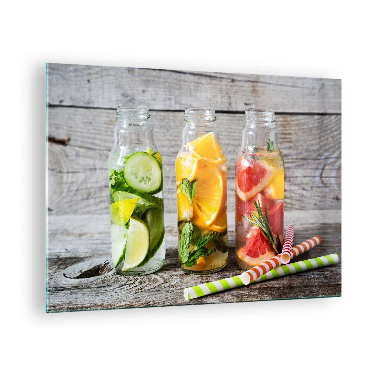 Quadro em vidro - Garrafas de água com frutas e ervas em um fundo de madeira - 70x50cm - Saudável por natureza - Decoração de parede moderna para a sala de estar e quarto ARTTOR