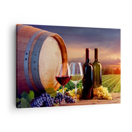 Quadro em tela - Vinho, copos e um barril em uma paisagem pitoresca - 70x50cm - Aqui a vida tem um sabor - Decoração de parede moderna para a sala de estar e quarto ARTTOR