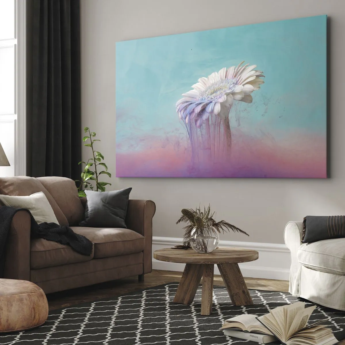 Quadro em tela - Gérbera pastel com efeito de desfoque - 70x50cm - O submundo das flores - Decoração de parede moderna para a sala de estar e quarto ARTTOR