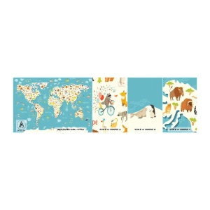 Amostra de Papel de Parede Standard Eco - Nós amamos o mundo inteiro - Mapa mundial, Animais, Para crianças - 100x30 cm