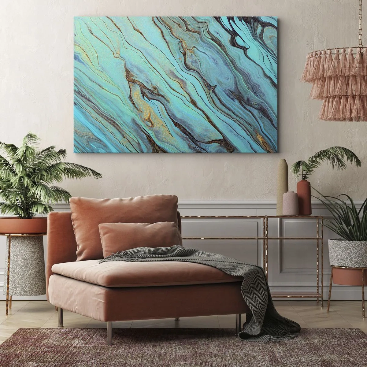Quadro em tela - Ondas abstratas em tons de turquesa e dourado - 70x50cm - Maré Turquesa - Decoração de parede moderna para a sala de estar e quarto ARTTOR