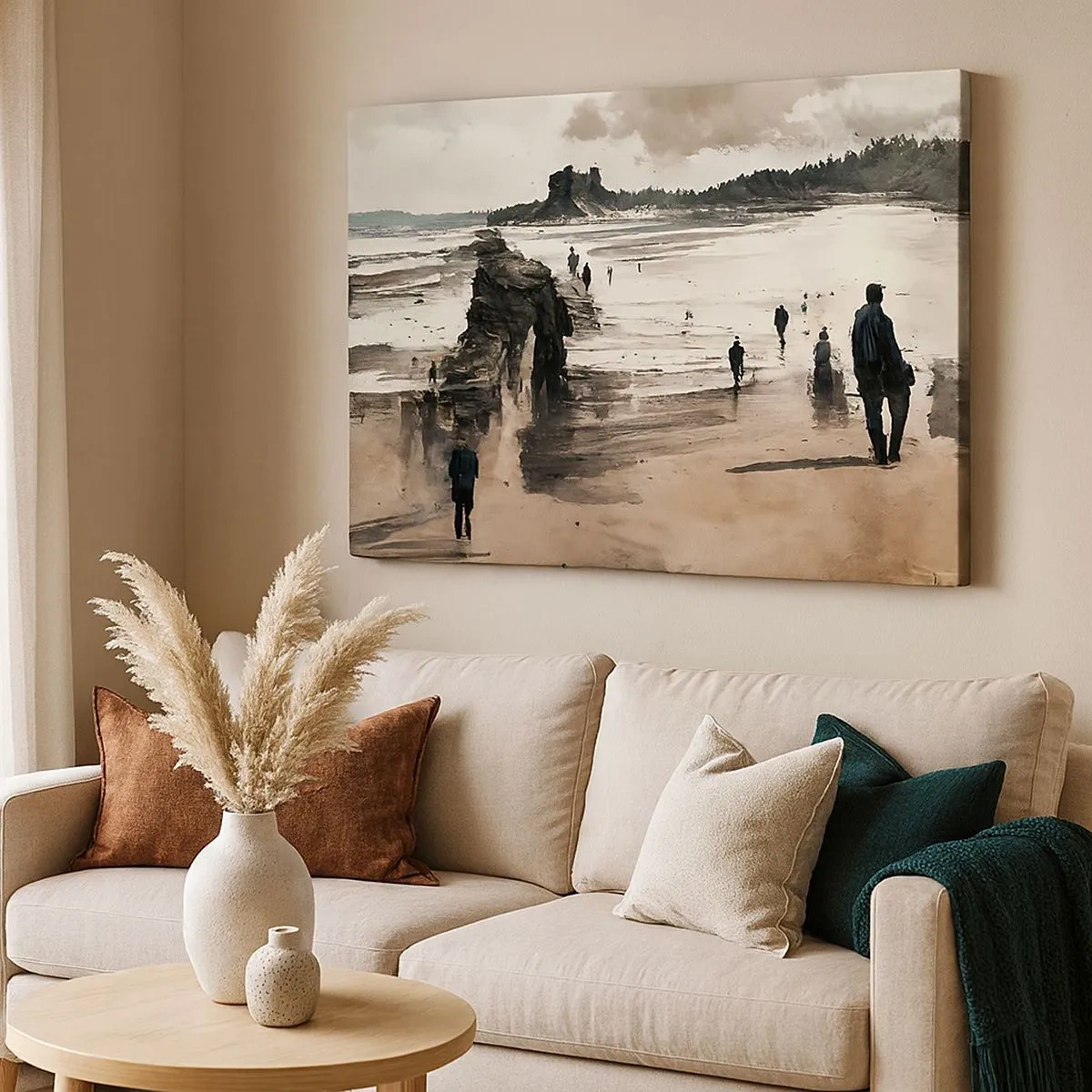 Quadro em tela - Caminhantes na praia em uma paisagem tranquila - 70x50cm - Convocados - Decoração de parede moderna para a sala de estar e quarto ARTTOR