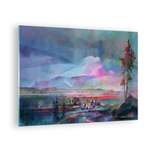 Quadro em vidro - Uma paisagem colorida com montanhas e chalés em um estilo surreal. - 70x50cm - Sob um céu benevolente - Decoração de parede moderna para a sala de estar e quarto ARTTOR