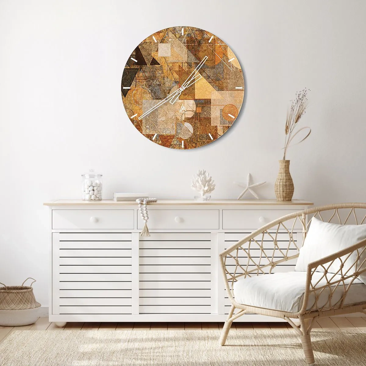 Relógio de parede - Relógio em vidro - Abstração geométrica em tons de dourado e marrom - 30x30cm - Estudo Cubista em Bronze - Decoração de parede moderna para a sala de estar, cozinha e quarto ARTTOR