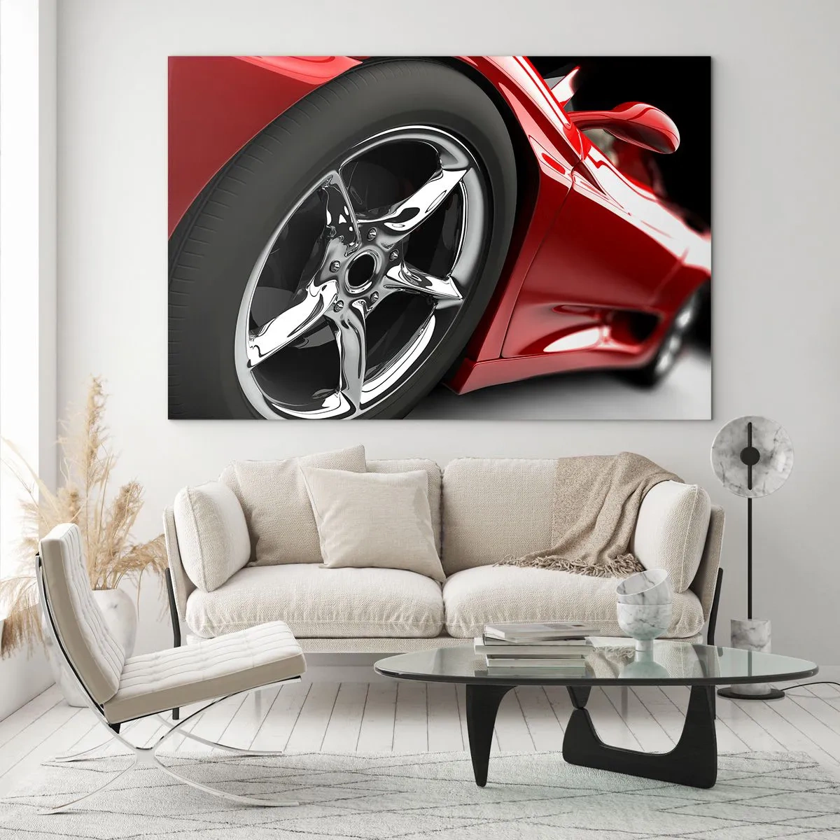Quadro em vidro - Detalhe de um carro esportivo vermelho com aro cromado - 70x50cm - Projetado para a velocidade - Decoração de parede moderna para a sala de estar e quarto ARTTOR