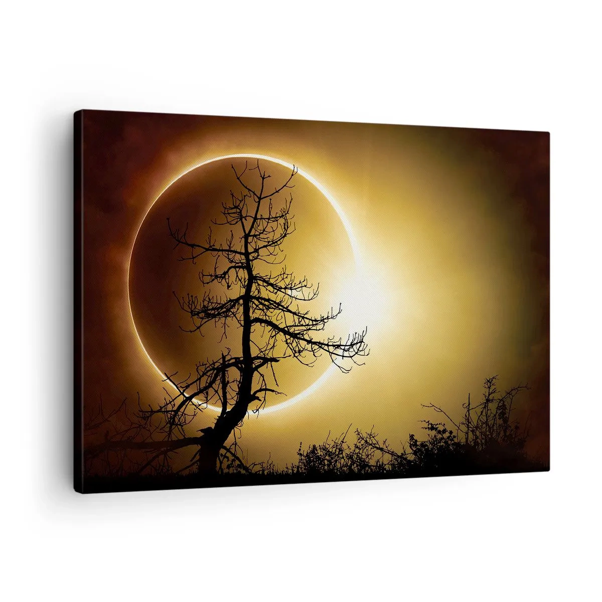 Quadro em tela - Eclipse solar com a silhueta de uma árvore em primeiro plano - 70x50cm - Eclipse total - Decoração de parede moderna para a sala de estar e quarto ARTTOR