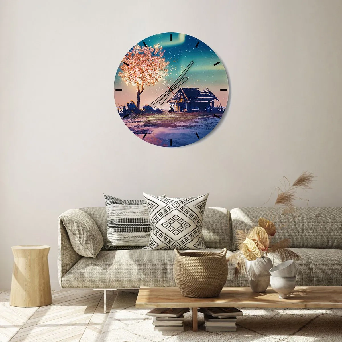 Relógio de parede - Relógio em vidro - Árvore e casa de campo ao entardecer - 30x30cm - A natureza não passa - Decoração de parede moderna para a sala de estar, cozinha e quarto ARTTOR