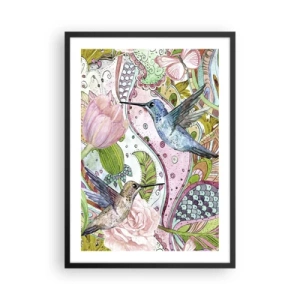 Pôster com moldura preta - Beija-flores coloridos em um fundo de flores e padrões - 50x70cm - Emaranhados em trepadeiras - Decoração de parede moderna para a sala de estar e quarto ARTTOR