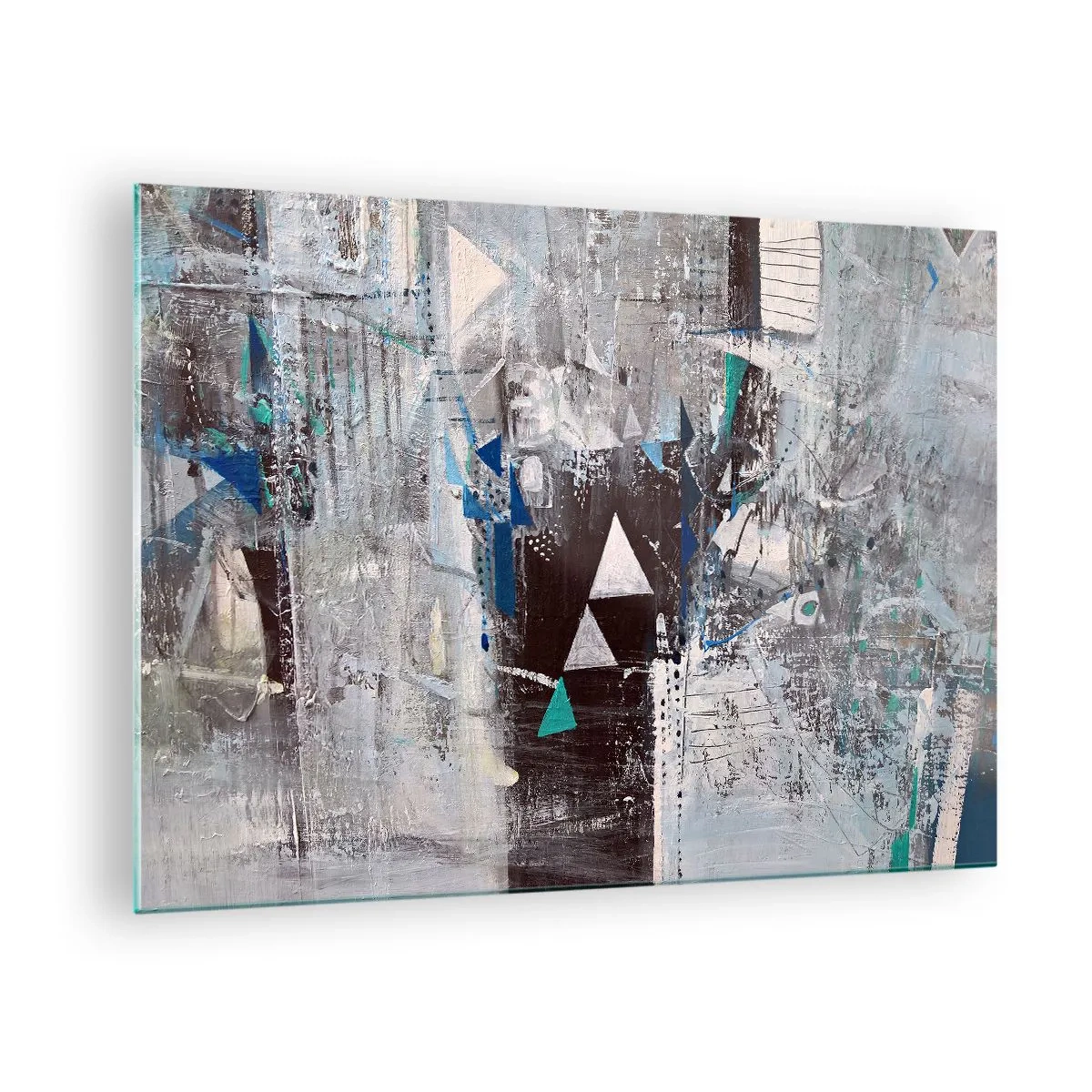 Quadro em vidro - Triângulos geométricos contra o fundo de uma composição abstrata em tons de cinza. - 70x50cm - A ordem superior dos triângulos - Decoração de parede moderna para a sala de estar e quarto ARTTOR