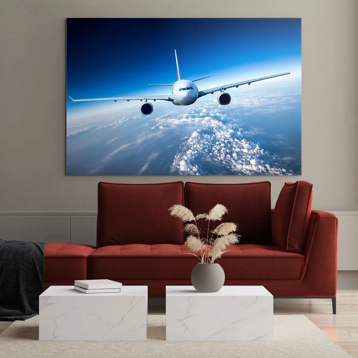 Quadro em vidro - Um avião de passageiros contra um céu azul e nuvens - 70x50cm - Vou porque quero - Decoração de parede moderna para a sala de estar e quarto ARTTOR