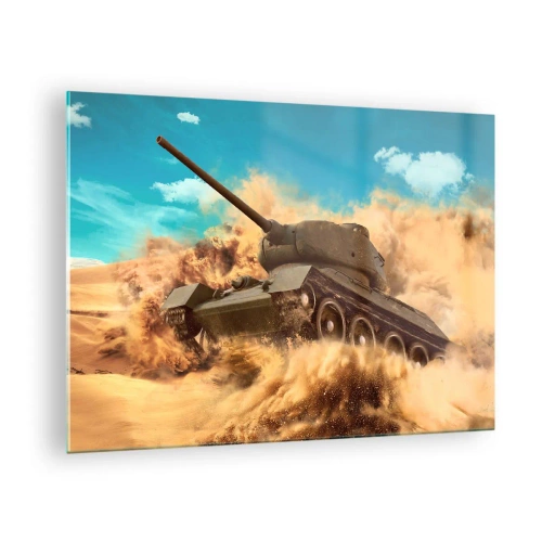 Quadro em vidro - Um tanque em movimento em um deserto com poeira voando e um céu brilhante - 70x50cm - Imbatível - Decoração de parede moderna para a sala de estar e quarto ARTTOR